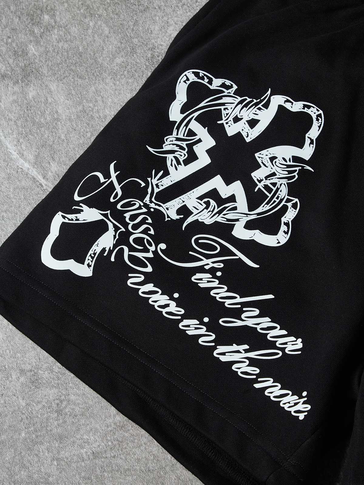 NOISSEY Waters of Faith Christ Cross Art Distressed Print Shorts-Onyx Black