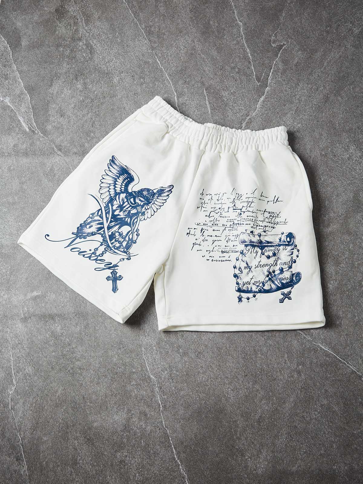 NOISSEY Praying Angel Blue Artwork Relaxed Sweat Shorts - Arctic White