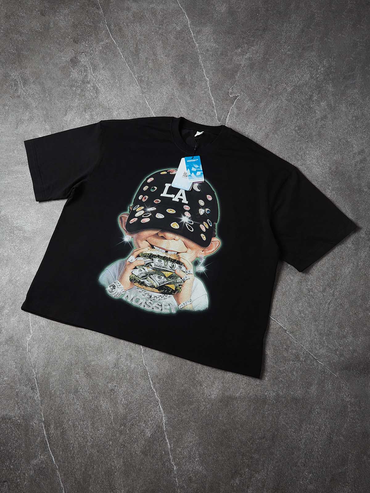 NOISSEY "MONEY BURGER" Glitter Boy Art Print Heavyweight T-Shirt - Pitch Black