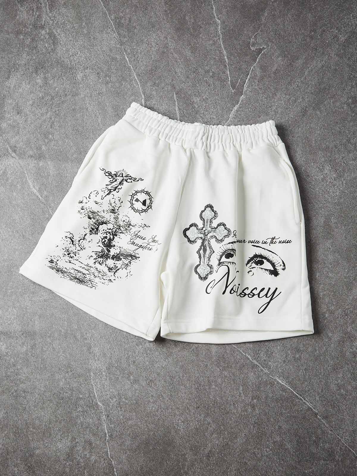 NOISSEY Sacred Redemption Religious Iconography Oversized Shorts - Arctic White