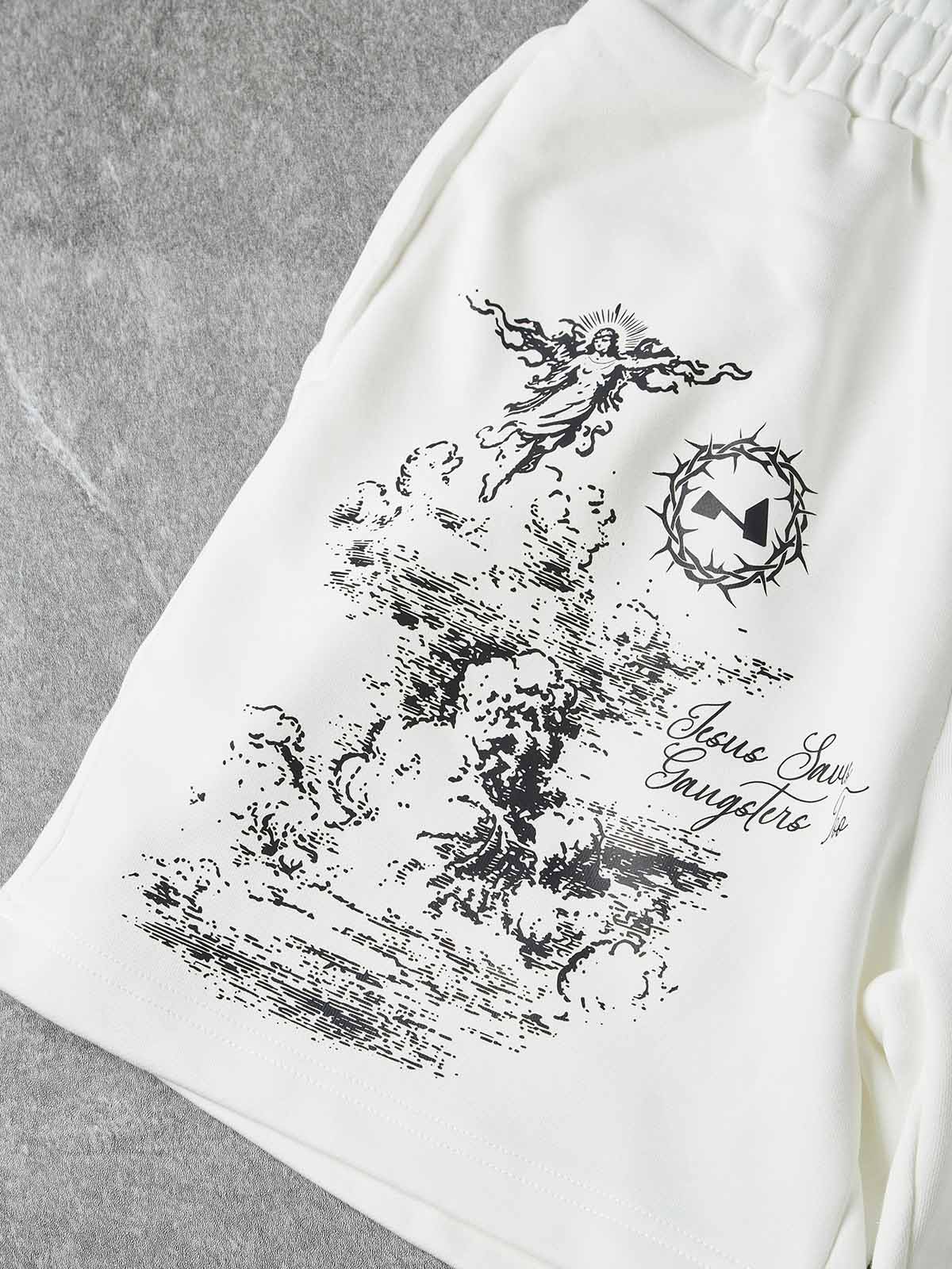 NOISSEY Sacred Redemption Religious Iconography Oversized Shorts - Arctic White
