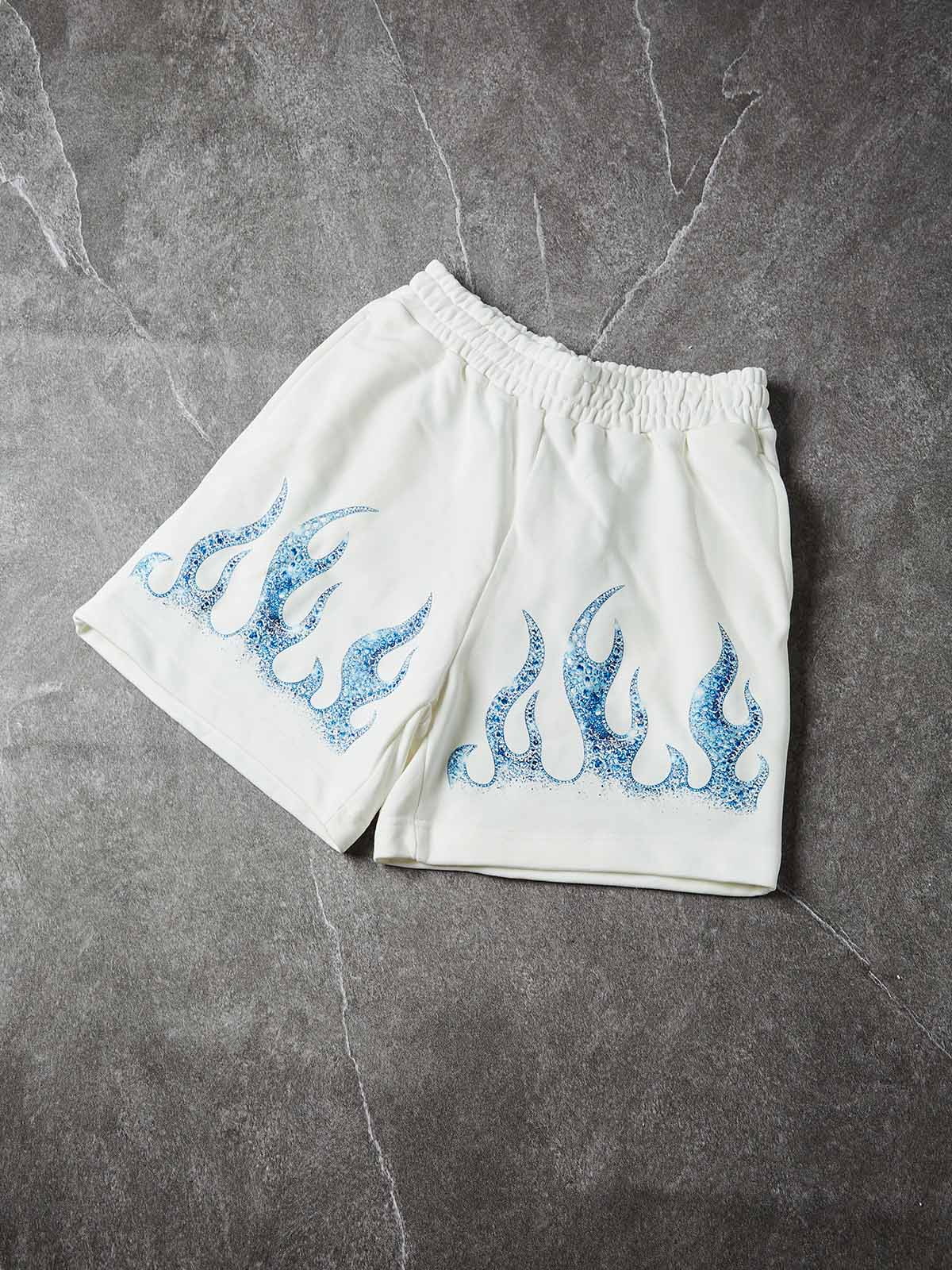 NOISSEY "ICE FLAME" Crystal Blue Artwork Relaxed Shorts - Pure White Crafted Shorts