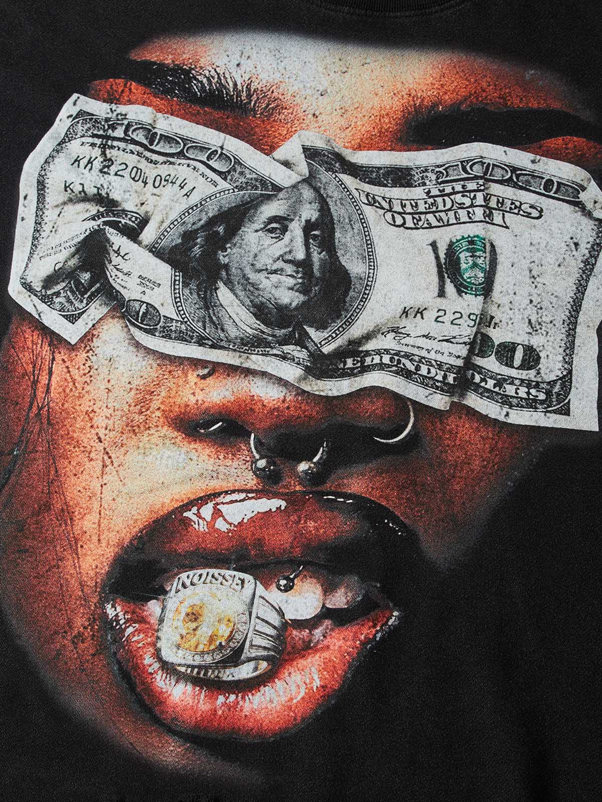 NOISSEY "Blind Wealth" Money Blindfold & Gold Grill Distressed T-Shirt - Washed Black