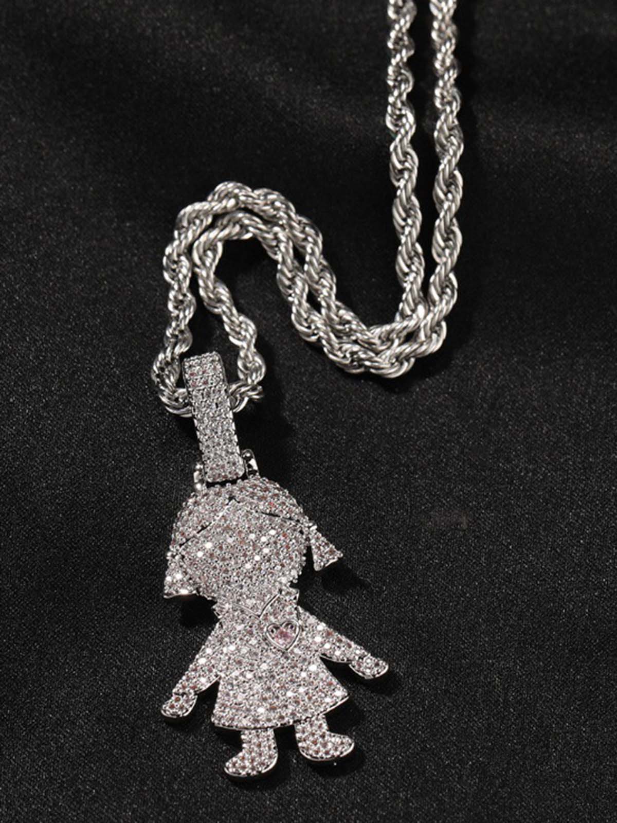 NOISSEY "Gummy Boy & Girl" Fully Iced-Out Cartoon Character Pendant & Rope Chain Necklace