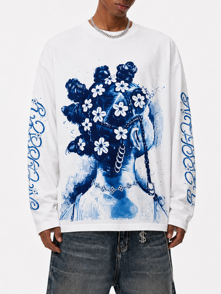 NOISSEY "Vintage Blue" Braided Girl Portrait Long Sleeve Sweatshirt - Off-White