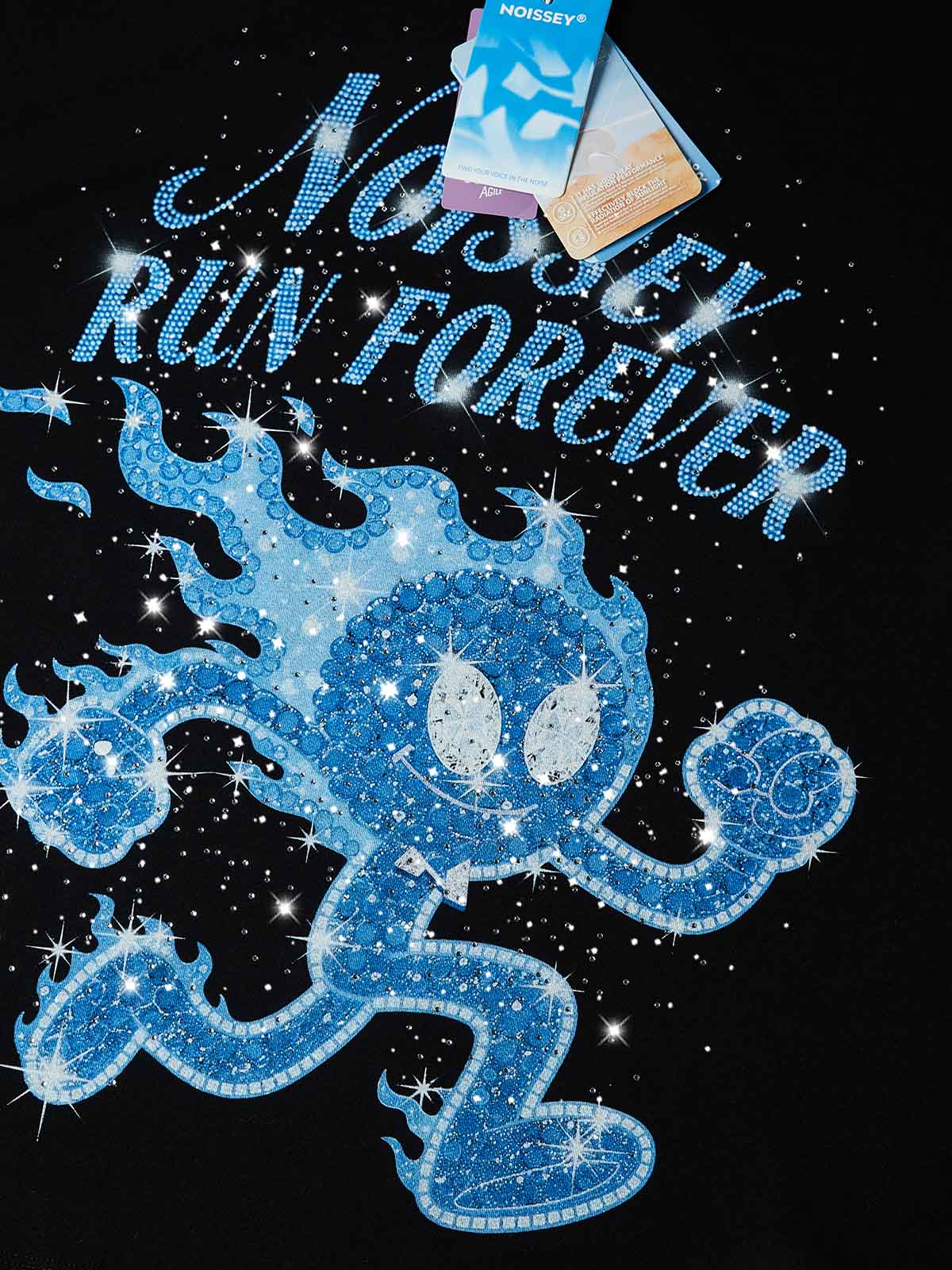 NOISSEY "RUN FOREVER" Blue Rhinestone Graphic Heavyweight T-Shirt - Black 255G Oversized