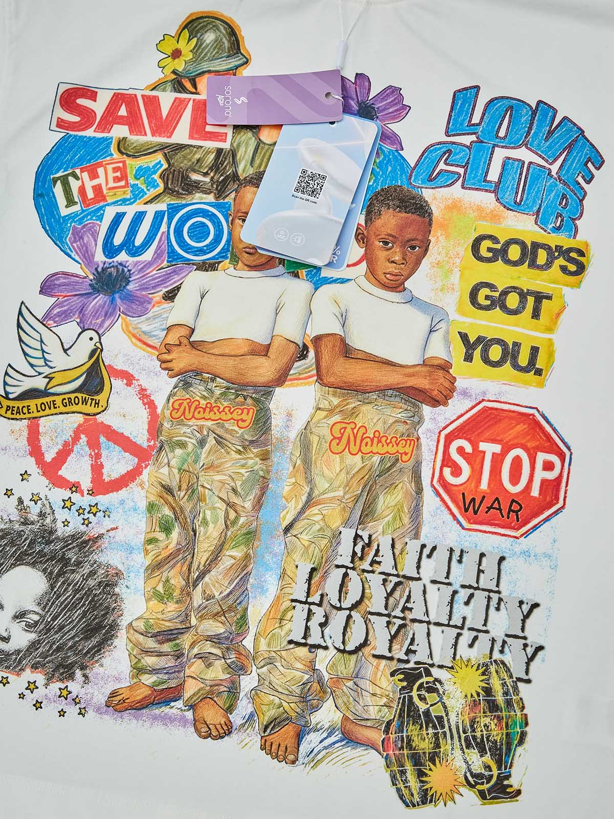 NOISSEY "Save The World" Peace Collage T-Shirt - Stop War & Faith Loyalty Graffiti Graphic Tee
