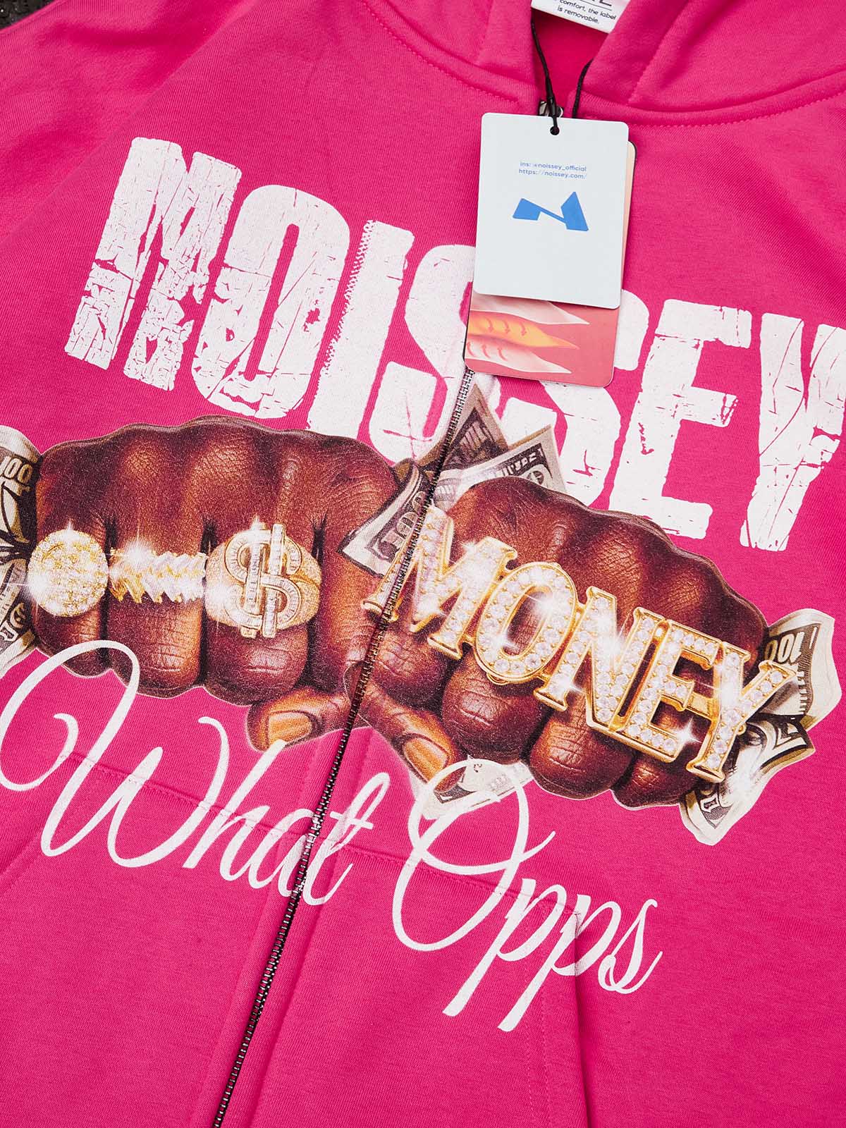 NOISSEY "What Opps" Luxury Streetwear Zip-Up Hoodie - Iced-Out Double Fist & Money Graphic Heavyweight Parka