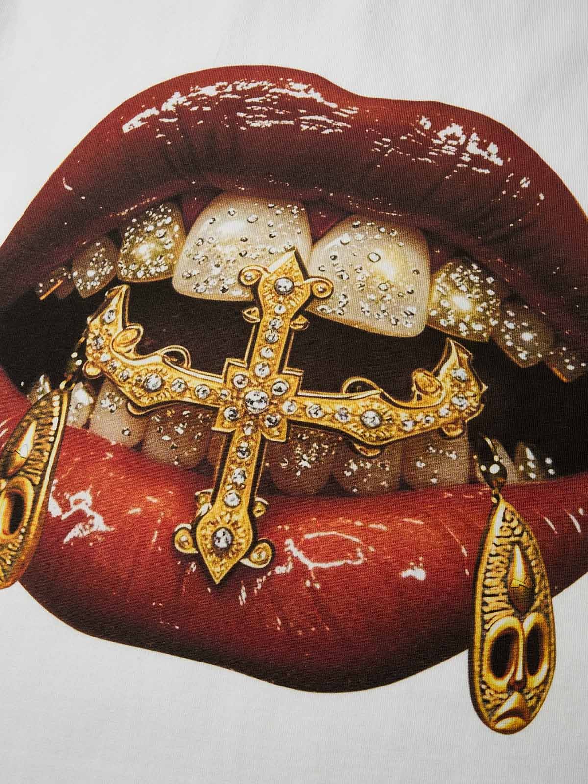 Heavyweight White T-Shirt with Surrealist Gold Cross & Mask Lip Graphic Streetwear