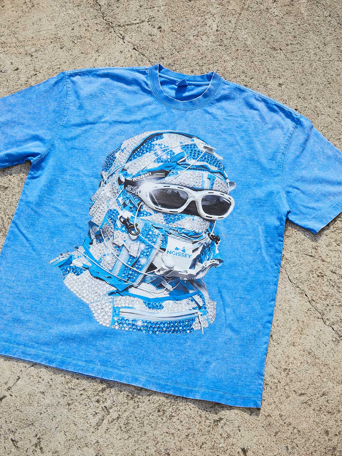 NOISSEY "Iced Out" Effect Balaclava Graphic Tee - Blue Wash