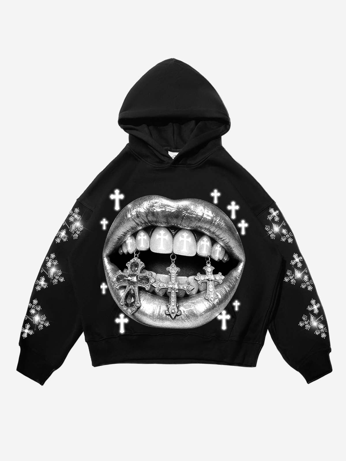 NOISSEY "Silver Sanctuary" Iced-Out Cross Graphic Hoodie - Midnight Black