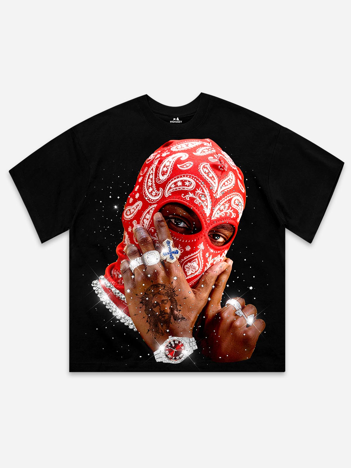 NOISSEY RED PAISLEY BALACLAVA - SHIMMERING JEWEL ART OVERSIZED TEE