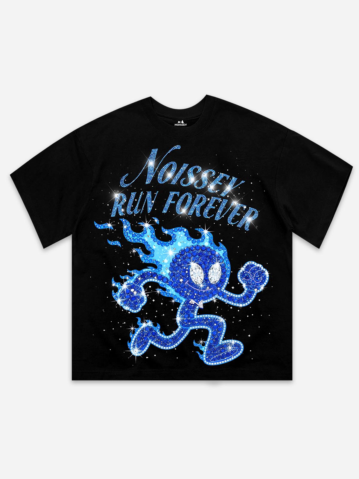 NOISSEY "RUN FOREVER" Blue Rhinestone Graphic Heavyweight T-Shirt - Black 255G Oversized