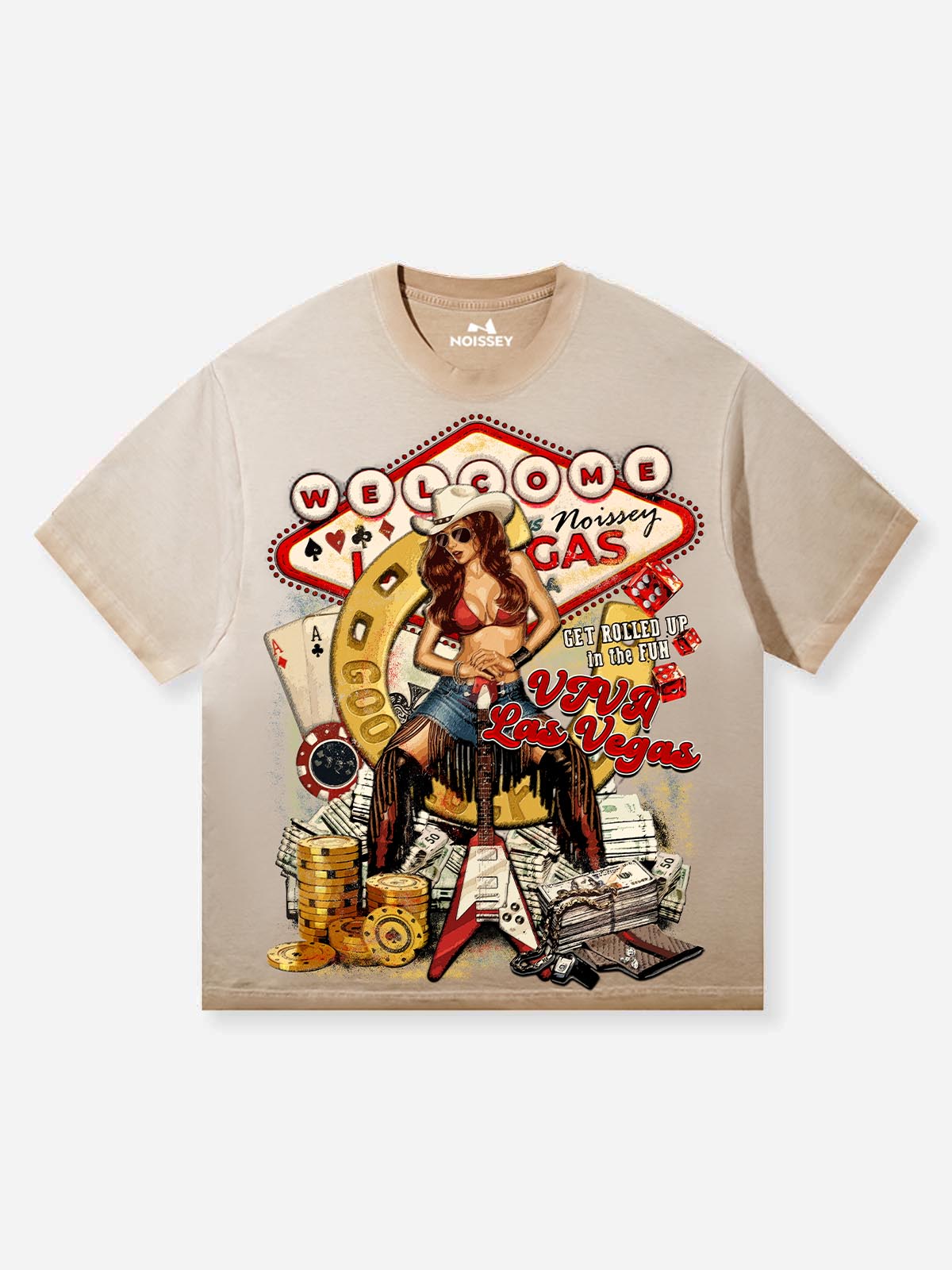 NOISSEY "Viva Las Vegas" Vintage Graphic Tee - Retro Cowgirl & Casino Art Print T-Shirt