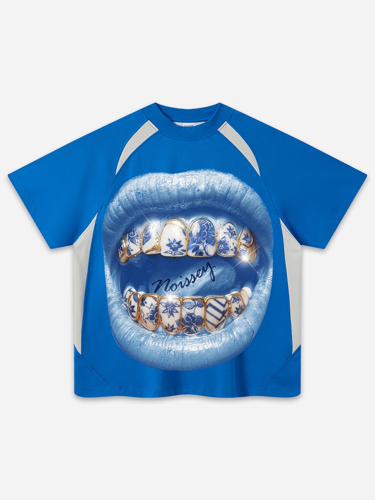 Cyanotype-style blue-and-white porcelain grillz shimmering art printed T-shirt