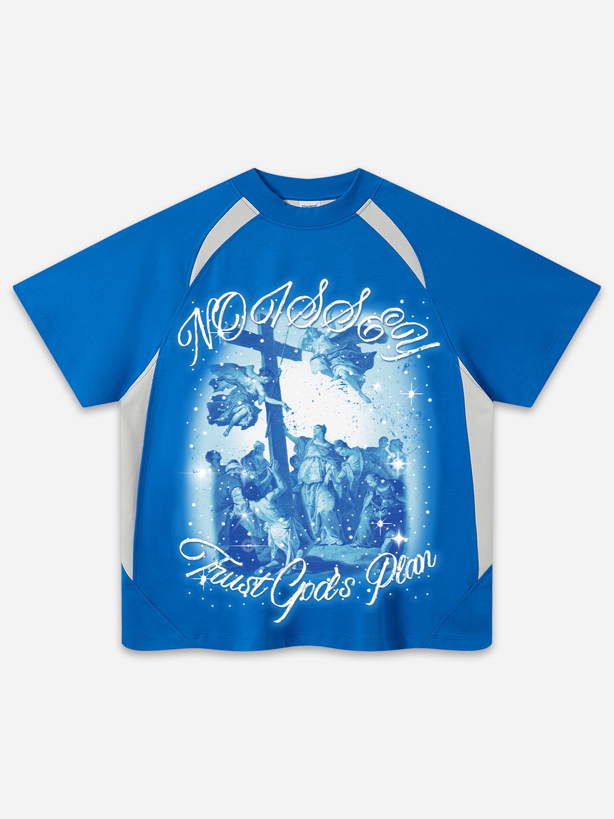 "TRUST GOD’S PLAN" CYANOTYPE SHIMMER TEE – VINTAGE BLUE OVERSIZED STREETWEAR