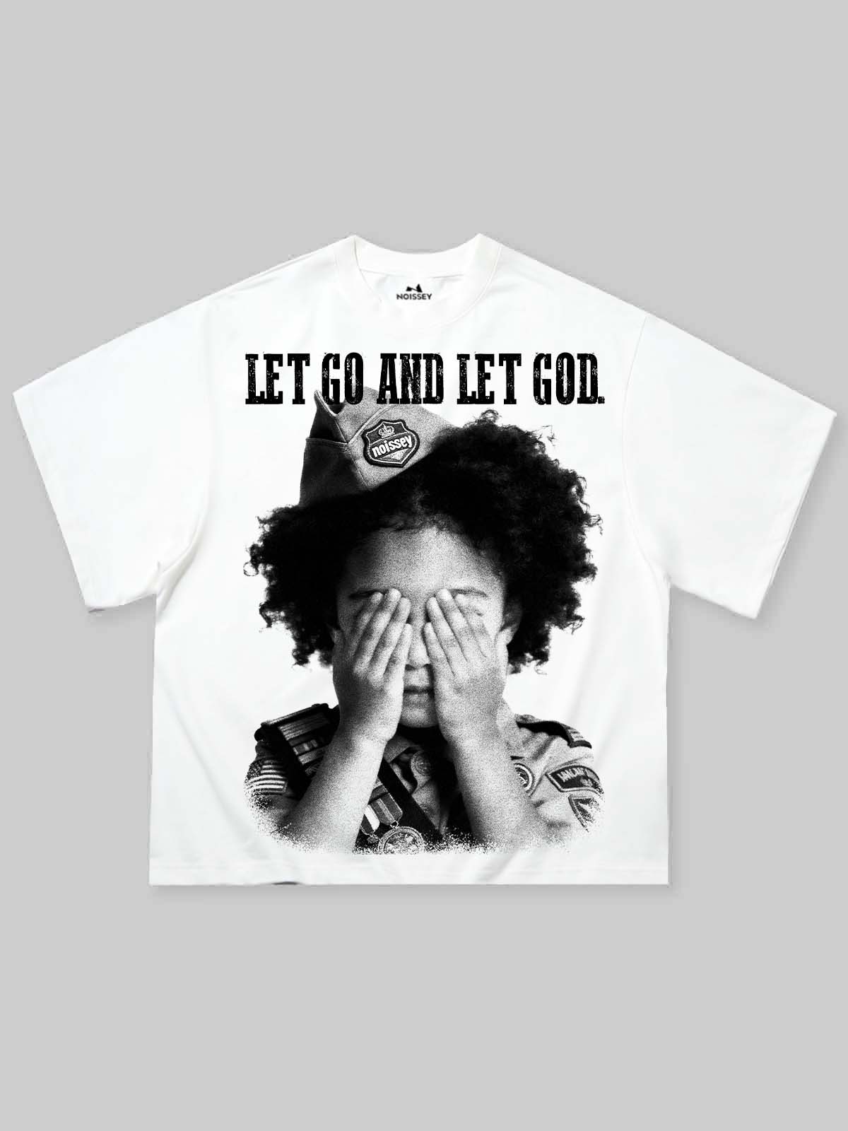 "Let Go and Let God." NOISSEY Boxy Oversized Graphic Tee – Vintage White