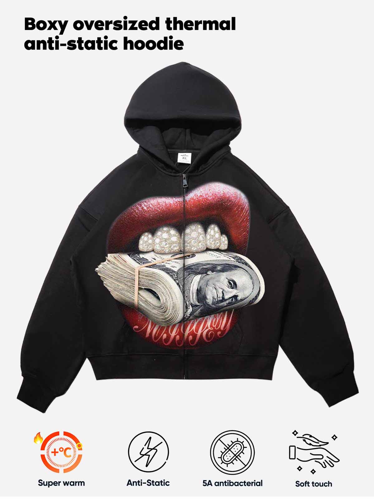 NOISSEY "Money Bite" Diamond Grillz Thermal Zip-Up Hoodie