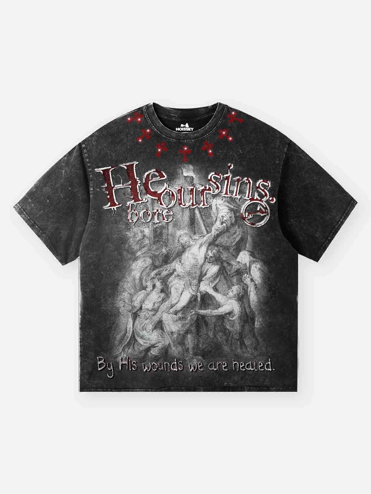 NOISSEY "He Bore Our Sins" Graphic Tee - Vintage Acid Wash Black