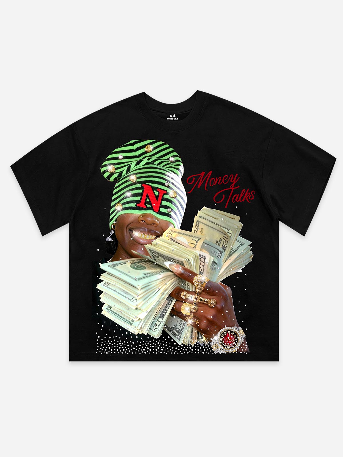NOISSEY "Money Talks" Glitter Diamond Art T-Shirt - Black