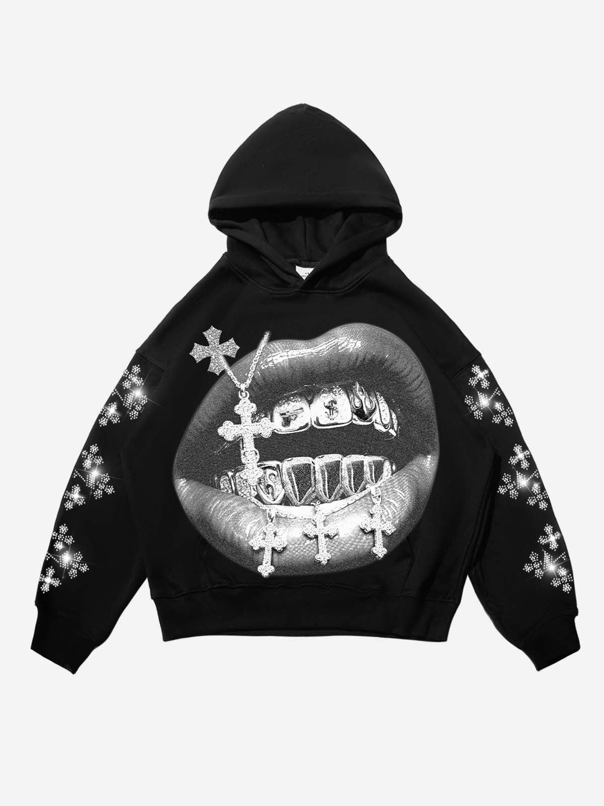 NOISSEY Cross Grillz Rhinestone Sleeve Thermal Hoodie