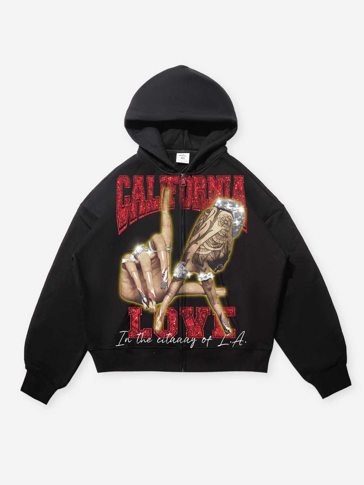 NOISSEY "California Love" Rhinestone Zip-Up Hoodie | LA Hand Sign