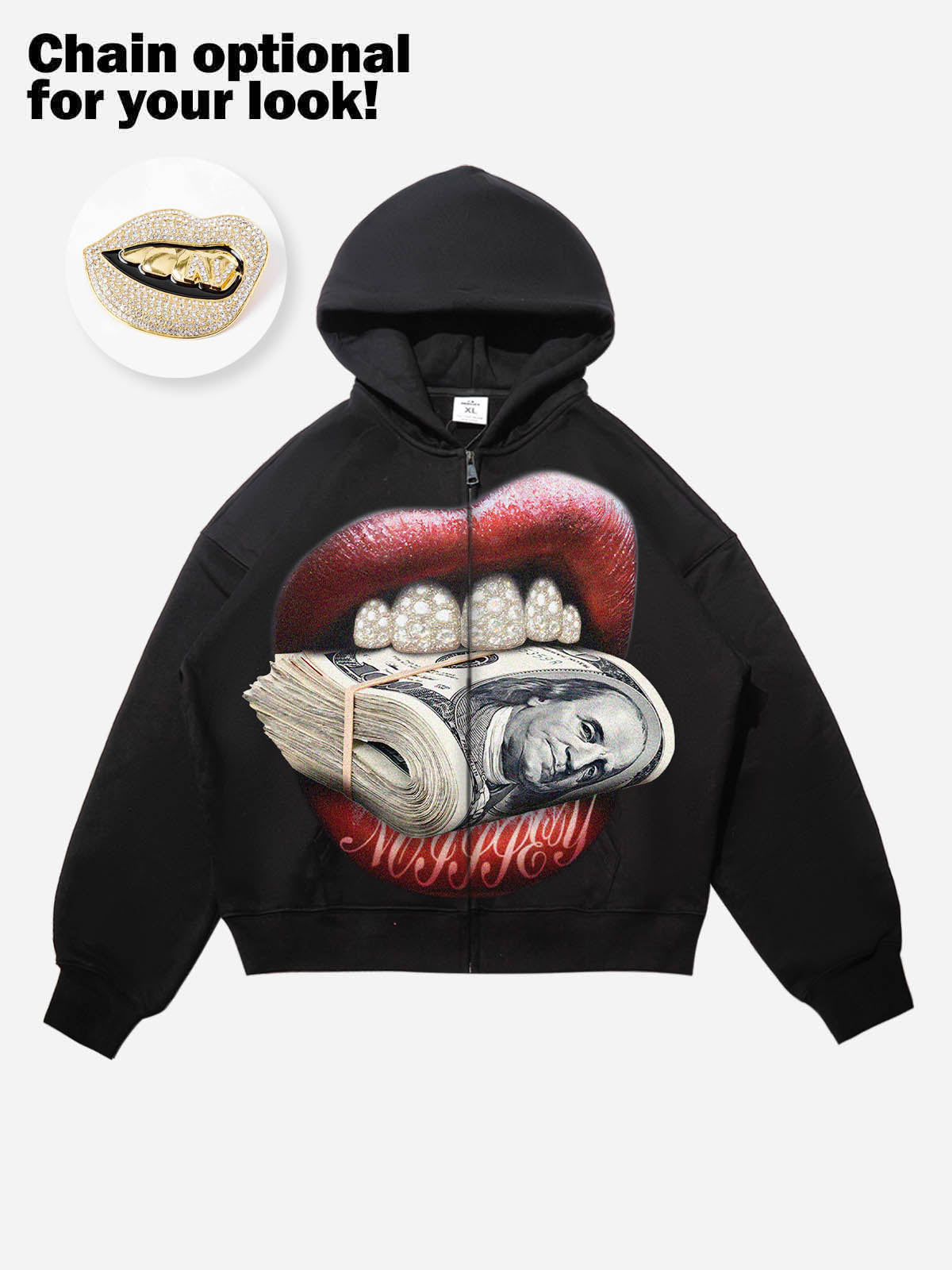 NOISSEY "Money Bite" Diamond Grillz Thermal Zip-Up Hoodie