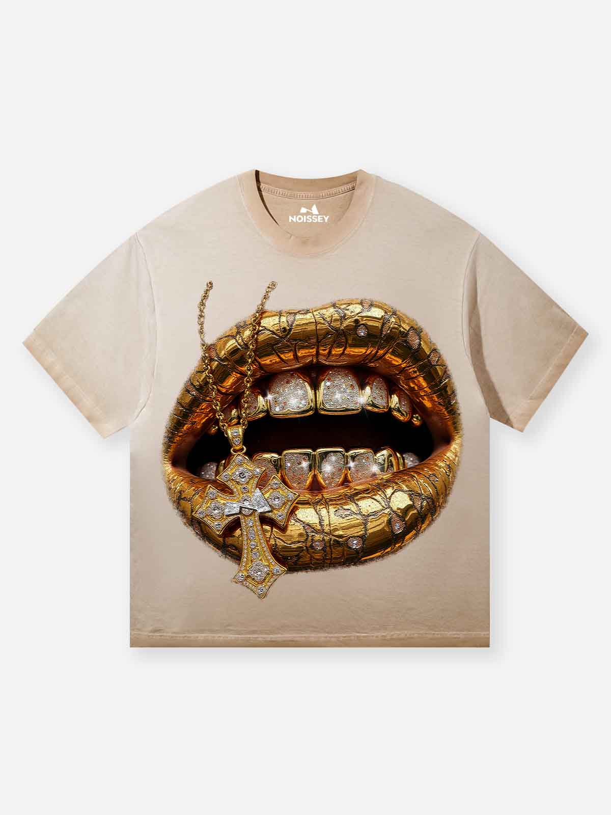 NOISSEY "Desert Gold" Diamond Grillz & Cross Chain Tee - Sand/Beige