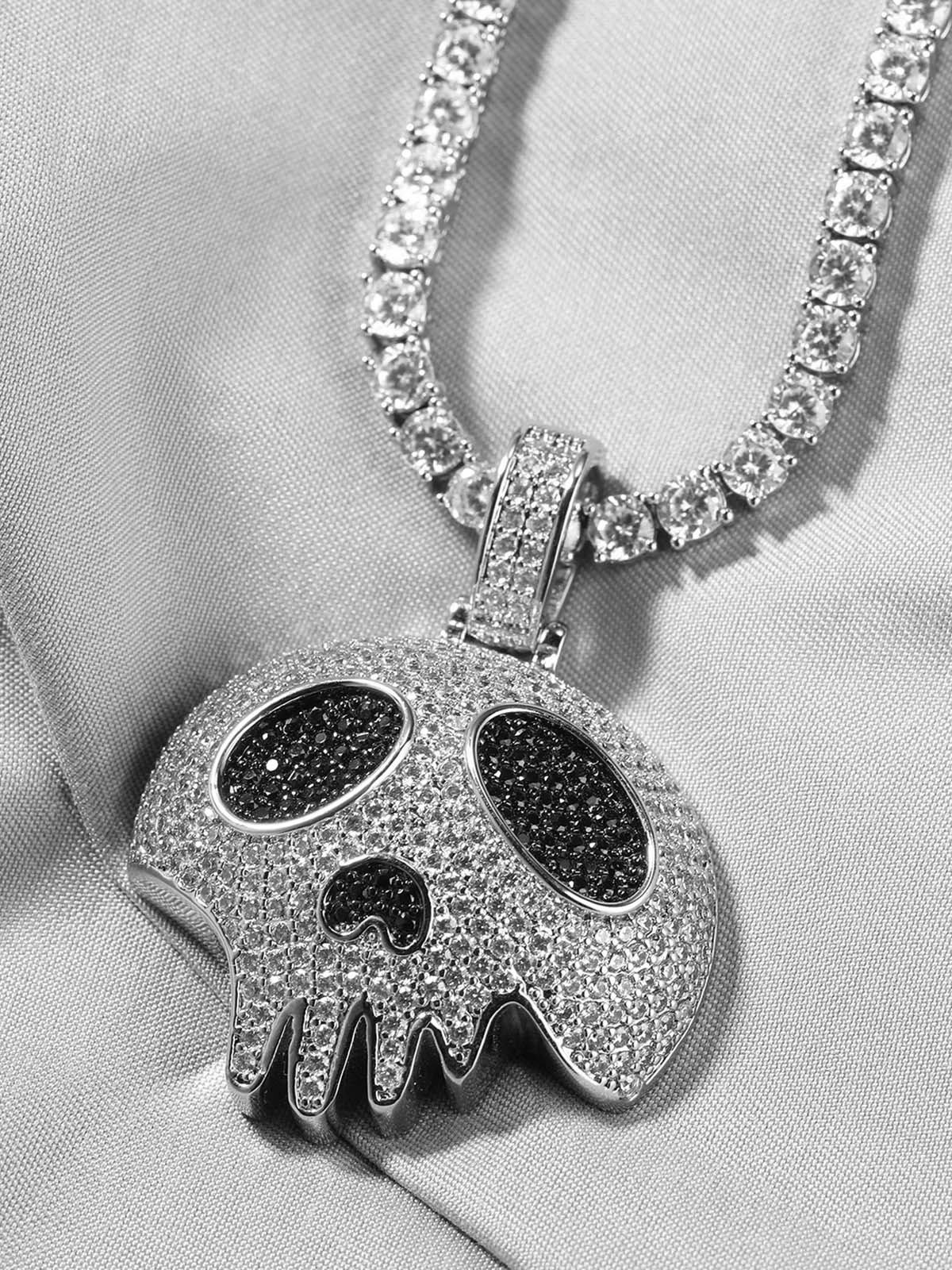 NOISSEY "Dripping Skull" Fully Iced-Out Black Zircon Pendant & Tennis Chain Necklace