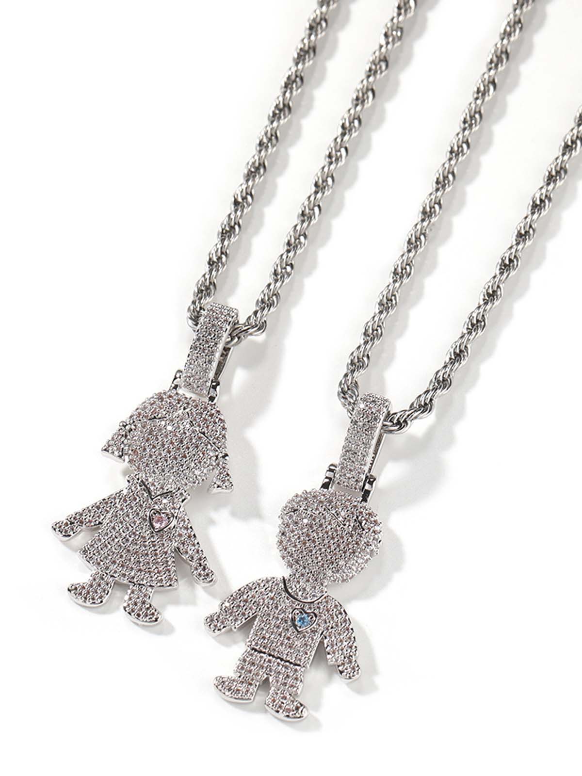 NOISSEY "Gummy Boy & Girl" Fully Iced-Out Cartoon Character Pendant & Rope Chain Necklace