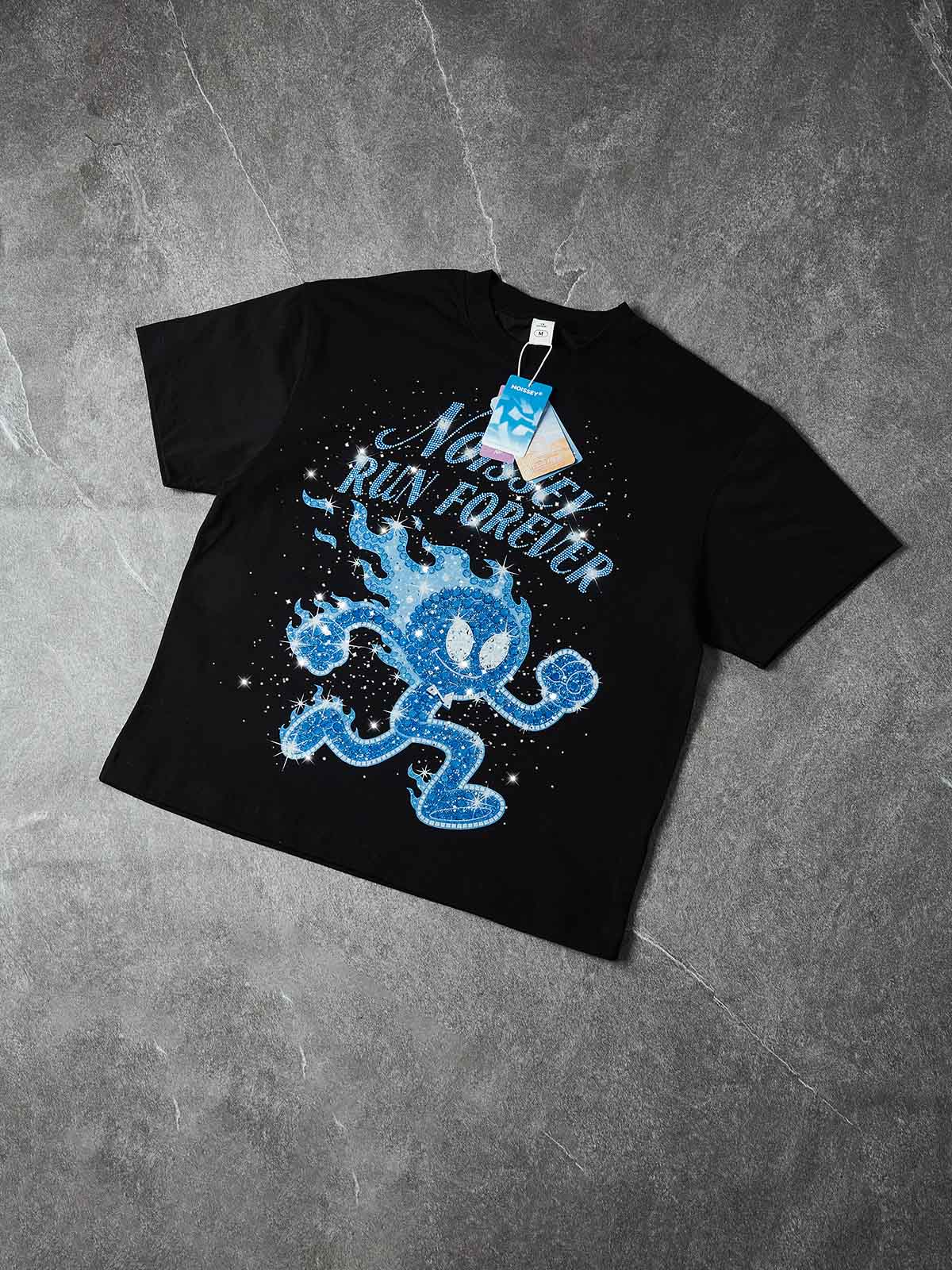 NOISSEY "RUN FOREVER" Blue Rhinestone Graphic Heavyweight T-Shirt - Black 255G Oversized