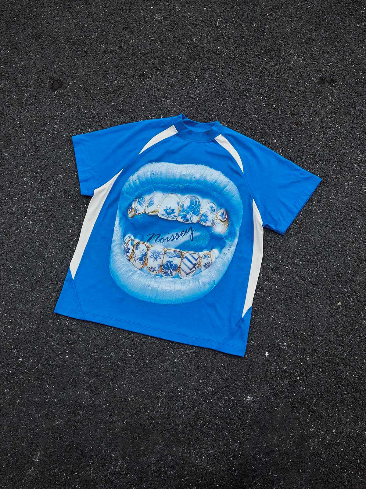 Cyanotype-style blue-and-white porcelain grillz shimmering art printed T-shirt