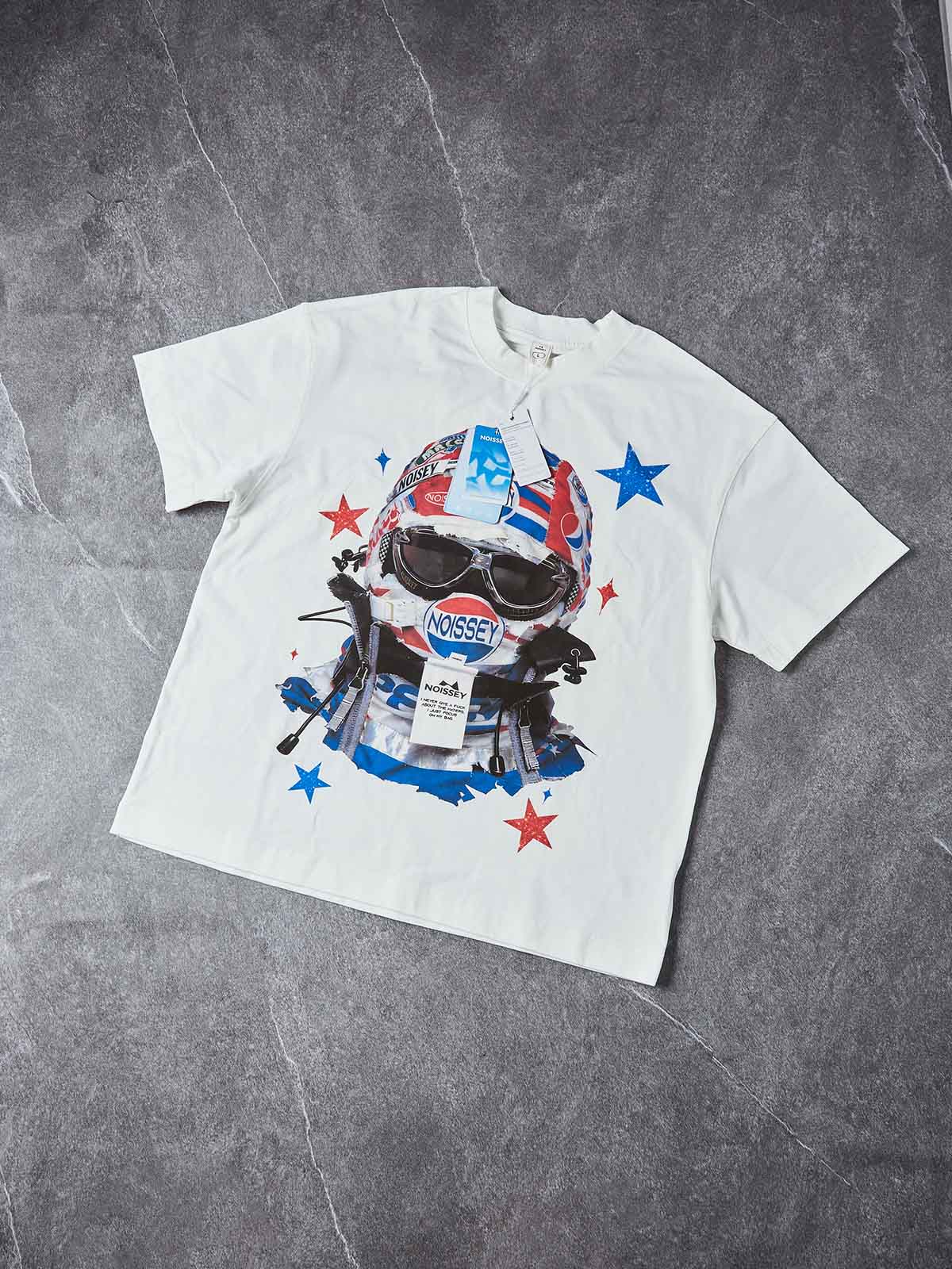"STARLIGHT VOYAGER" RACING HELMET TEE – VINTAGE WHITE OVERSIZED STREETWEAR