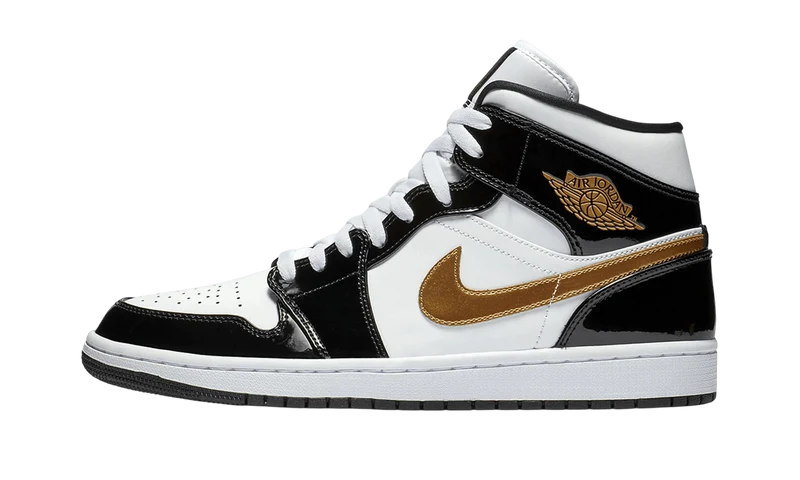 Air Jordan 1 Mid Patent Black White Gold
