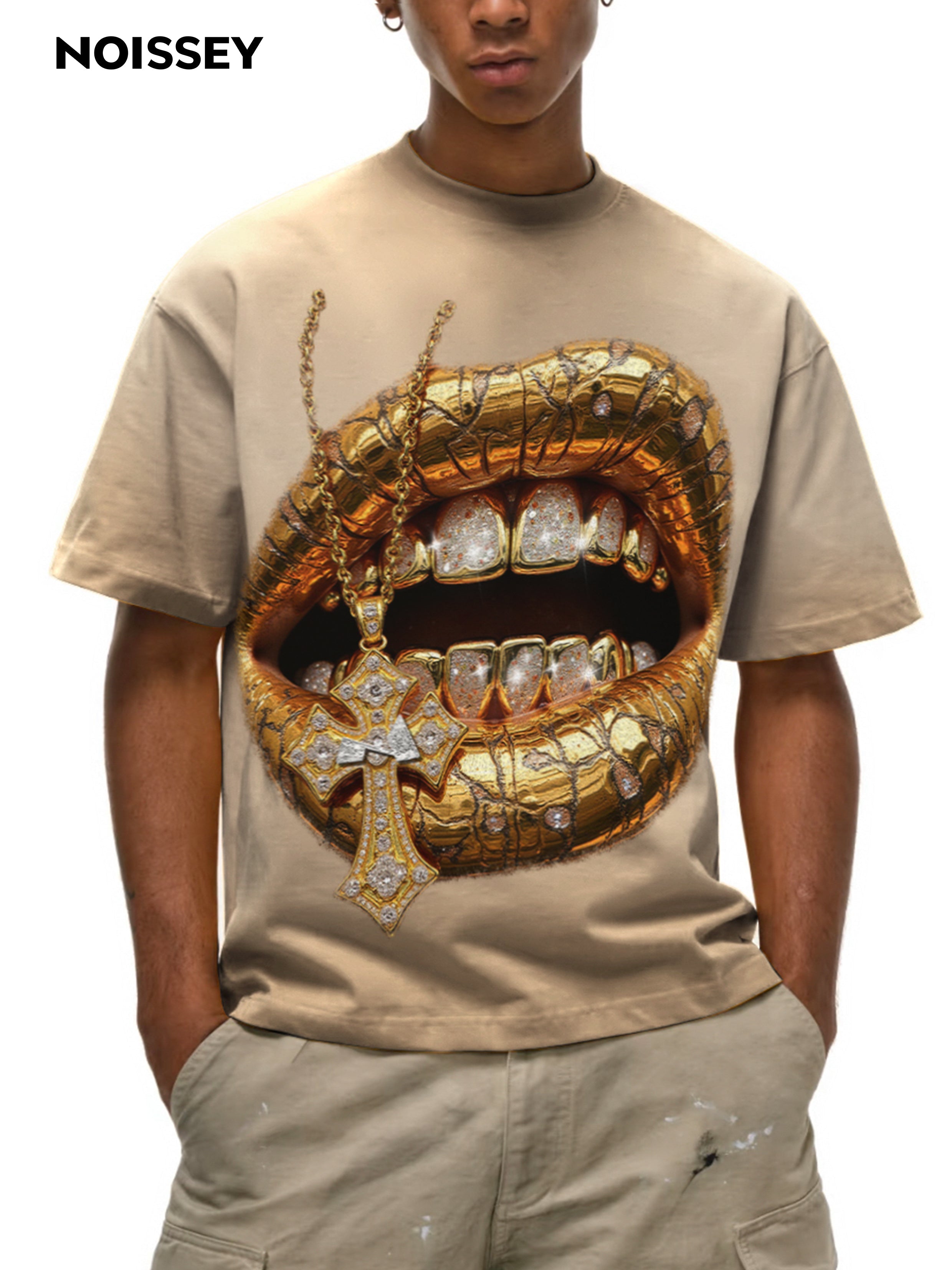 NOISSEY "Desert Gold" Diamond Grillz & Cross Chain Tee - Sand/Beige