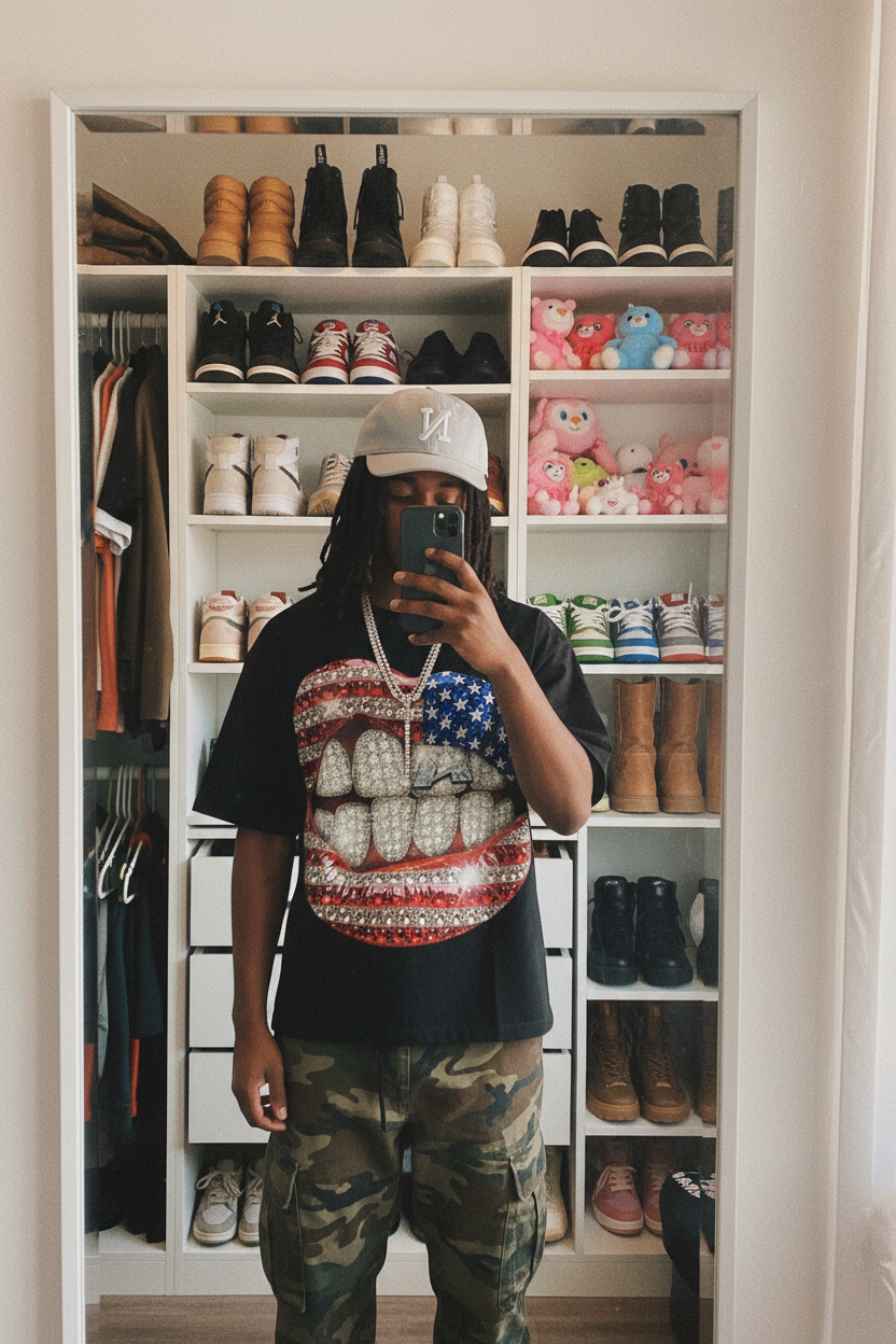 National Flag Rhinestone Art Grills Print Boxy Oversized T-shirt