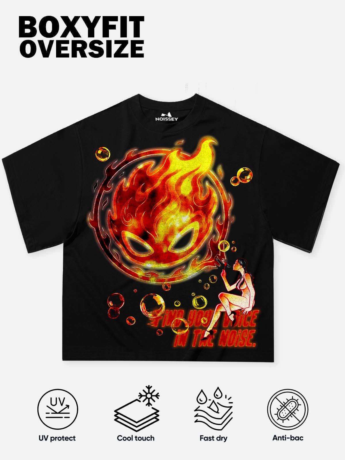 NOISSEY "Flame & Bubble" Fire Spirit Art Print T-Shirt - Onyx Black