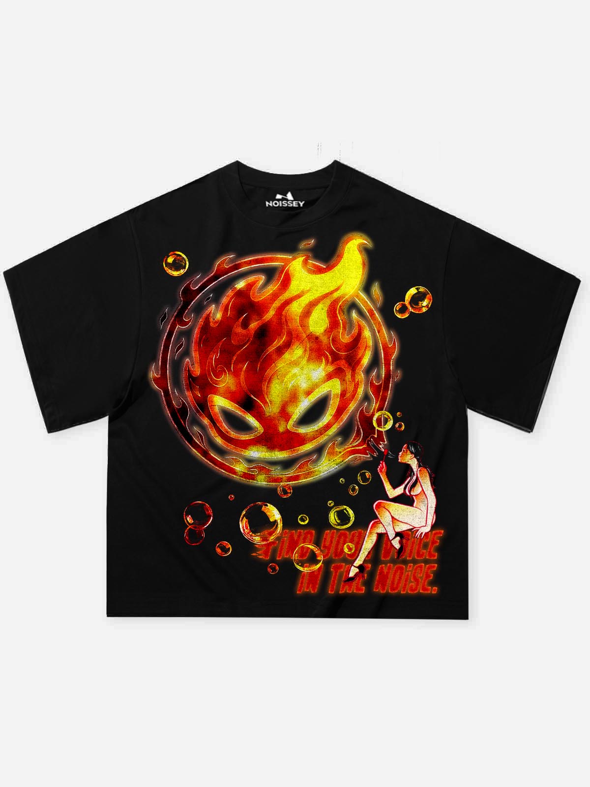 NOISSEY "Flame & Bubble" Fire Spirit Art Print T-Shirt - Onyx Black