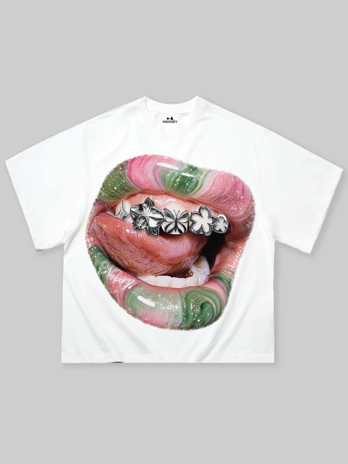 NOISSEY Marbled Lips Clover Metallic Grillz Glitter Print T-Shirt - White