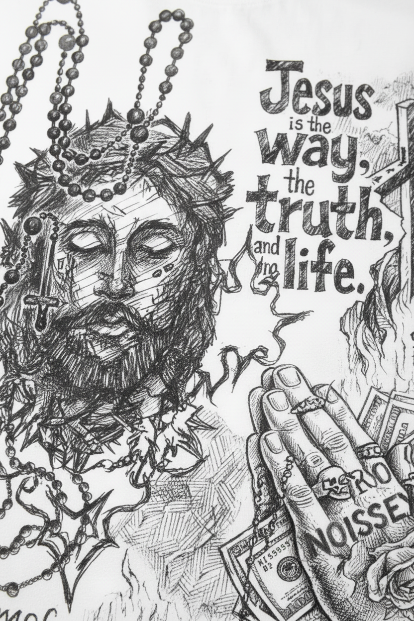NOISSEY "Jesus Is The Way" Redemption Path Hand-Drawn Art Heavyweight Oversized T-Shirt