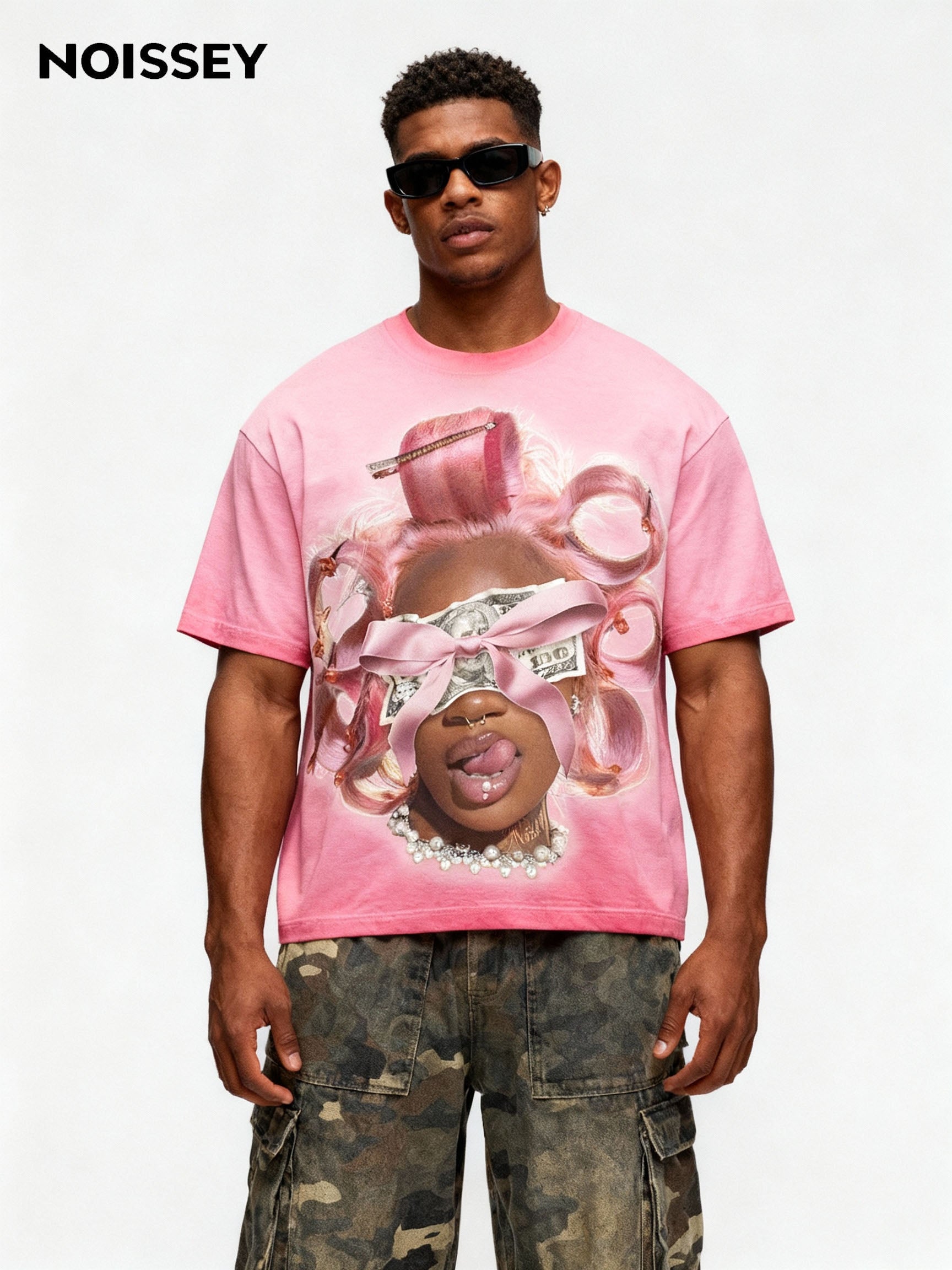 Girl and Her Curling Iron Pink Wash Print T-shirt