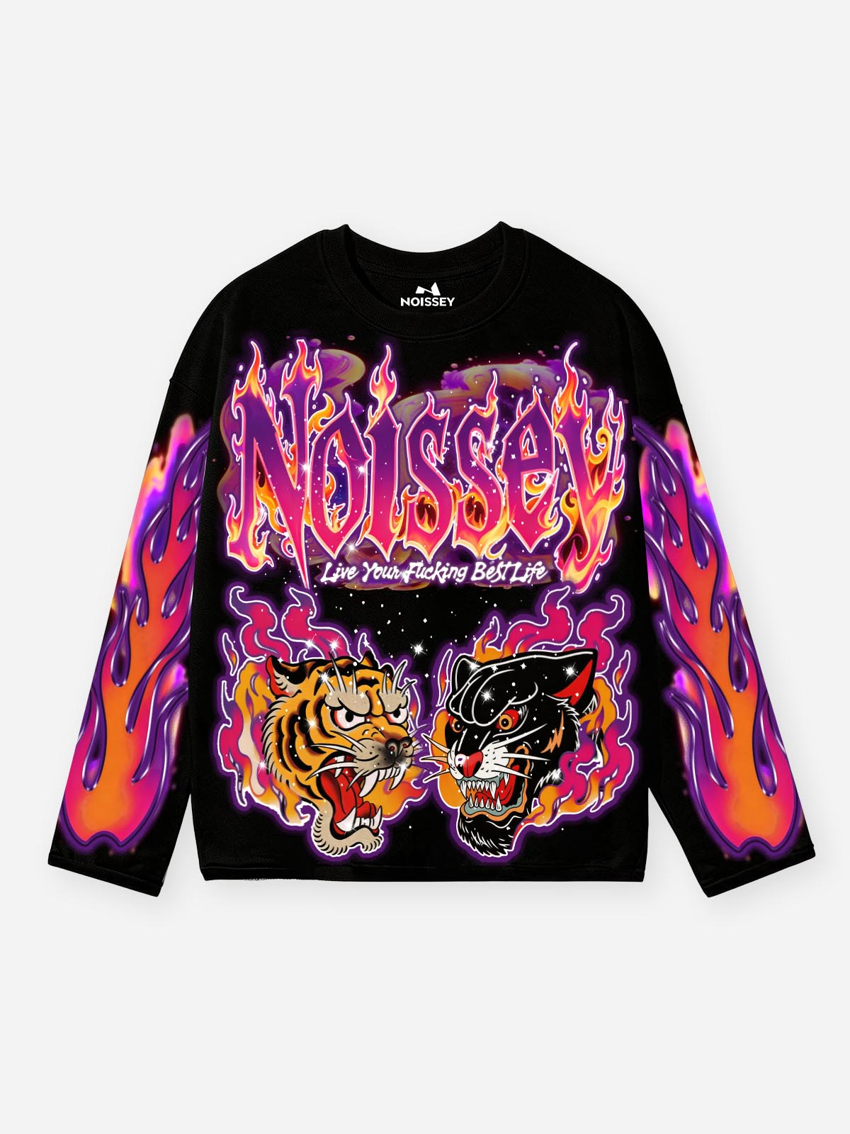 NOISSEY "Neon Cyber Beast" Jet Black Sweatshirt - Rhinestone Crafted Oversized Long-Sleeve