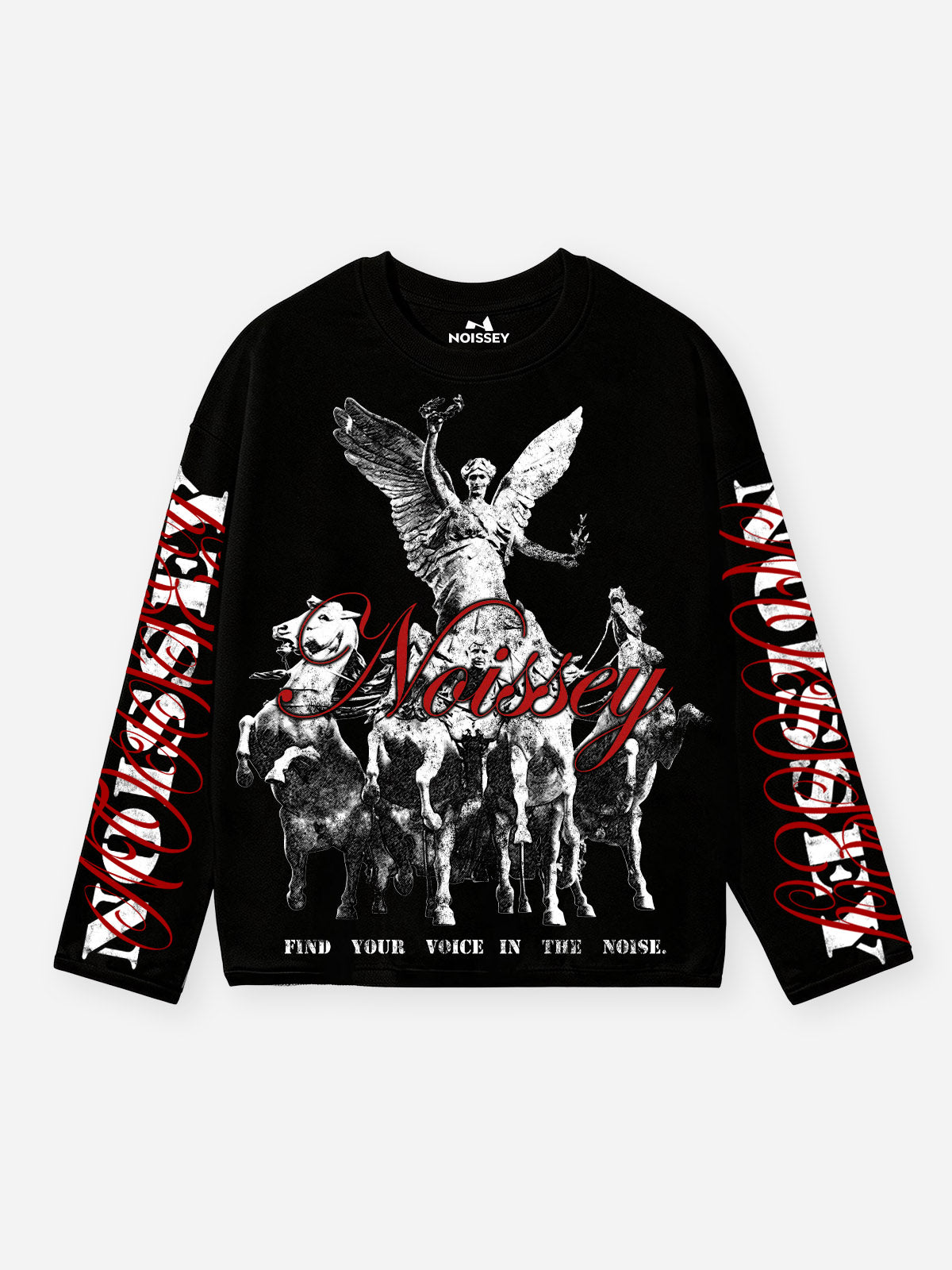 NOISSEY Distressed Victory Goddess Chariot Long Sleeve Shirt - Black