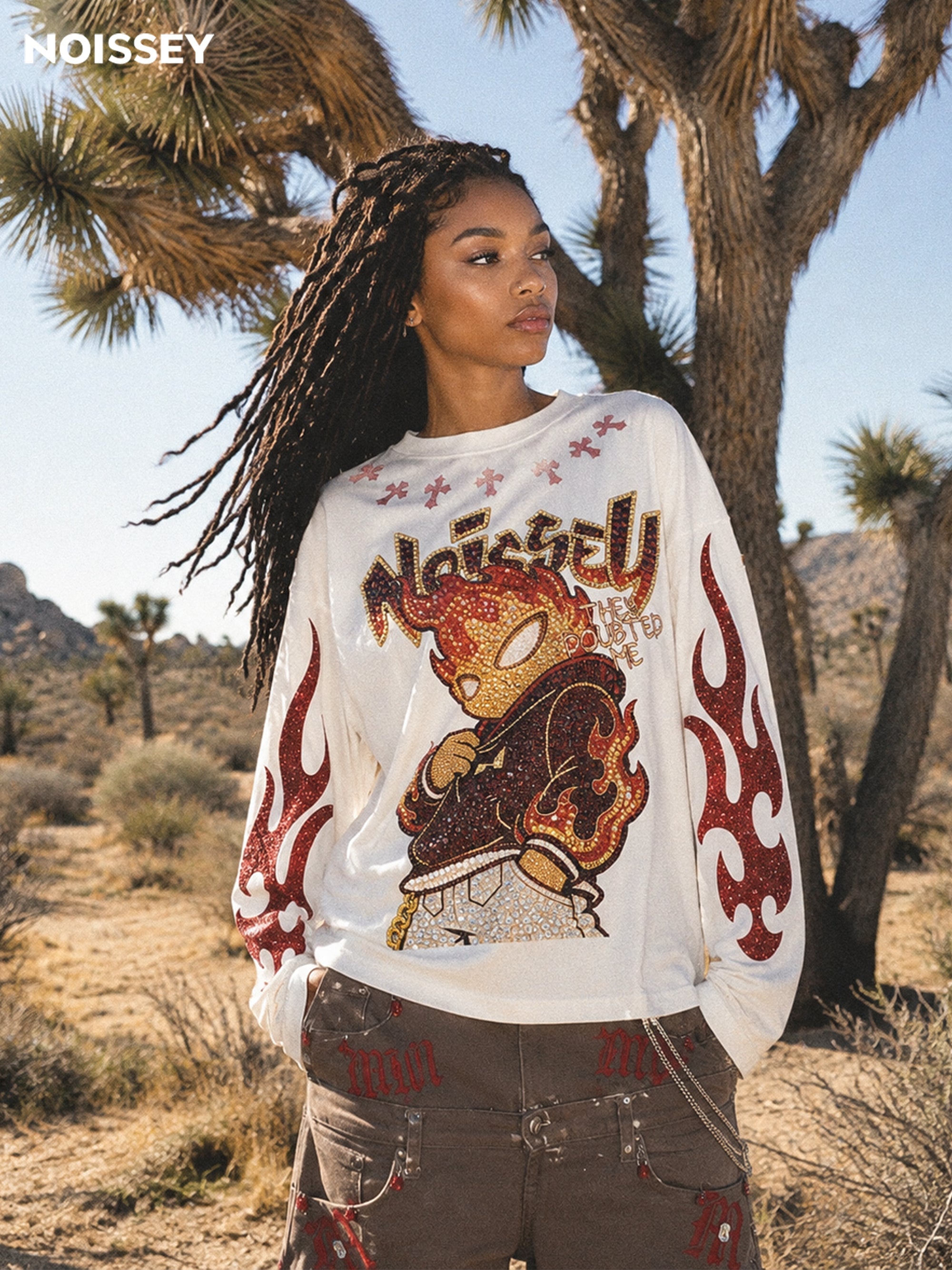NOISSEY "They Doubted Me" Iced-Out Character Graphic Long Sleeve - Studio White