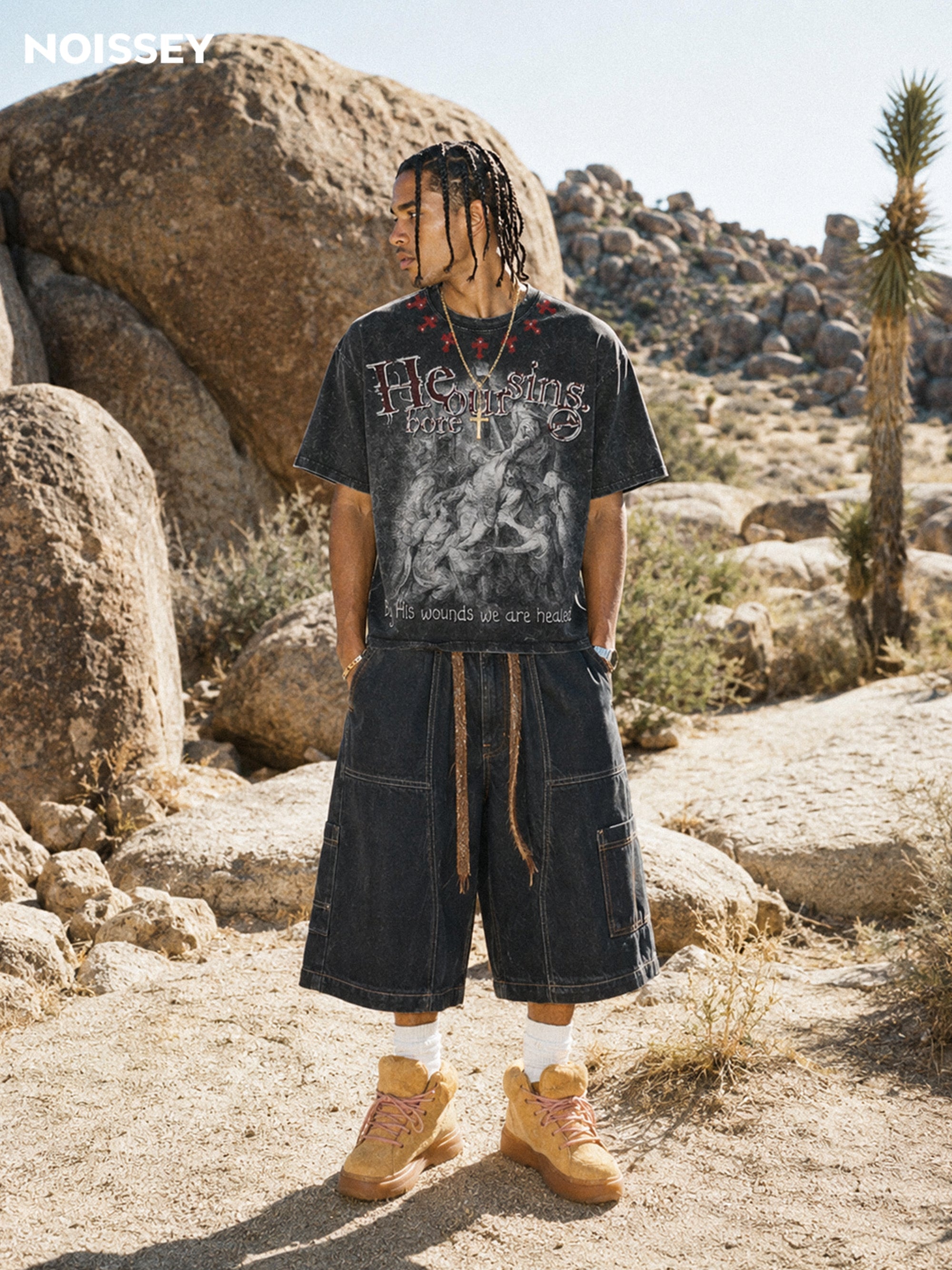 NOISSEY "He Bore Our Sins" Graphic Tee - Vintage Acid Wash Black