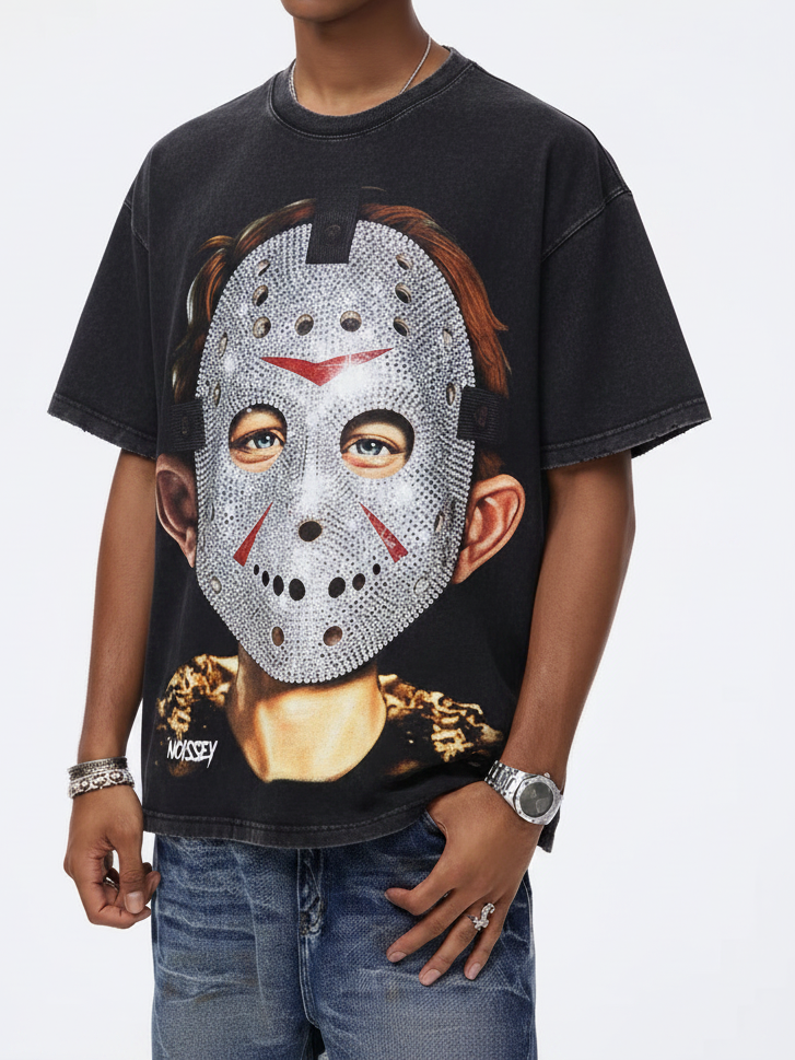 NOISSEY "Friday the 13th" Iced-Out Jason Graphic T-Shirt - Vintage Black