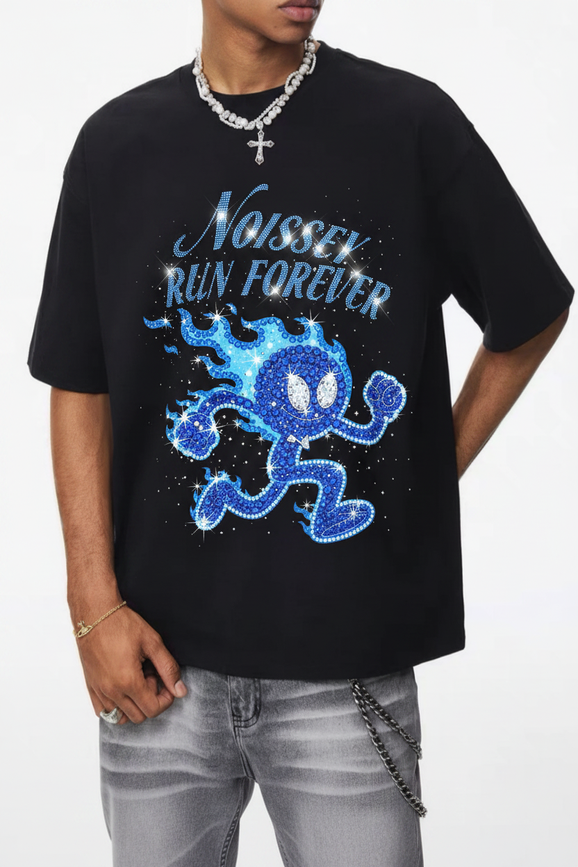 NOISSEY "RUN FOREVER" Blue Rhinestone Graphic Heavyweight T-Shirt - Black 255G Oversized