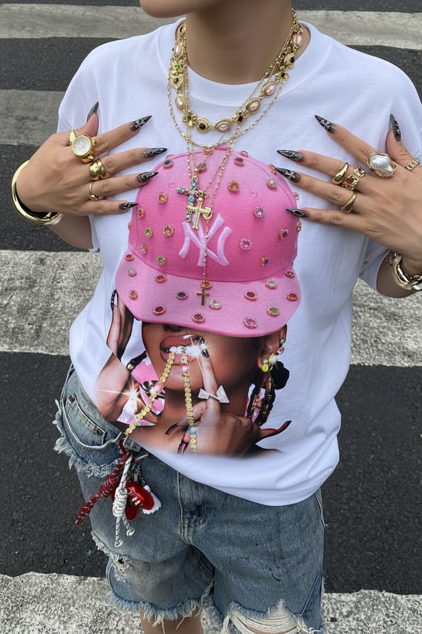 NOISSEY "Pink Diamond-Hat Girl" Character Tee - Clean White 255G Heavyweight Boxy Oversized Fit