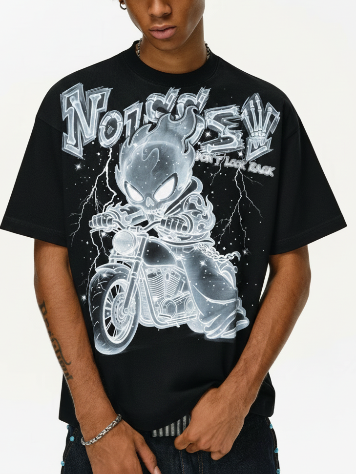 NOISSEY "X-Ray Phantom Rider" Black Tee - Boxy Heavyweight Hot-Fix Rhinestone Crafted T-Shirt
