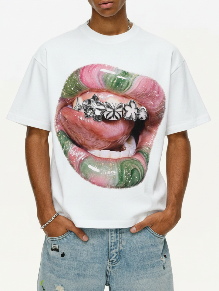 NOISSEY Marbled Lips Clover Metallic Grillz Glitter Print T-Shirt - White